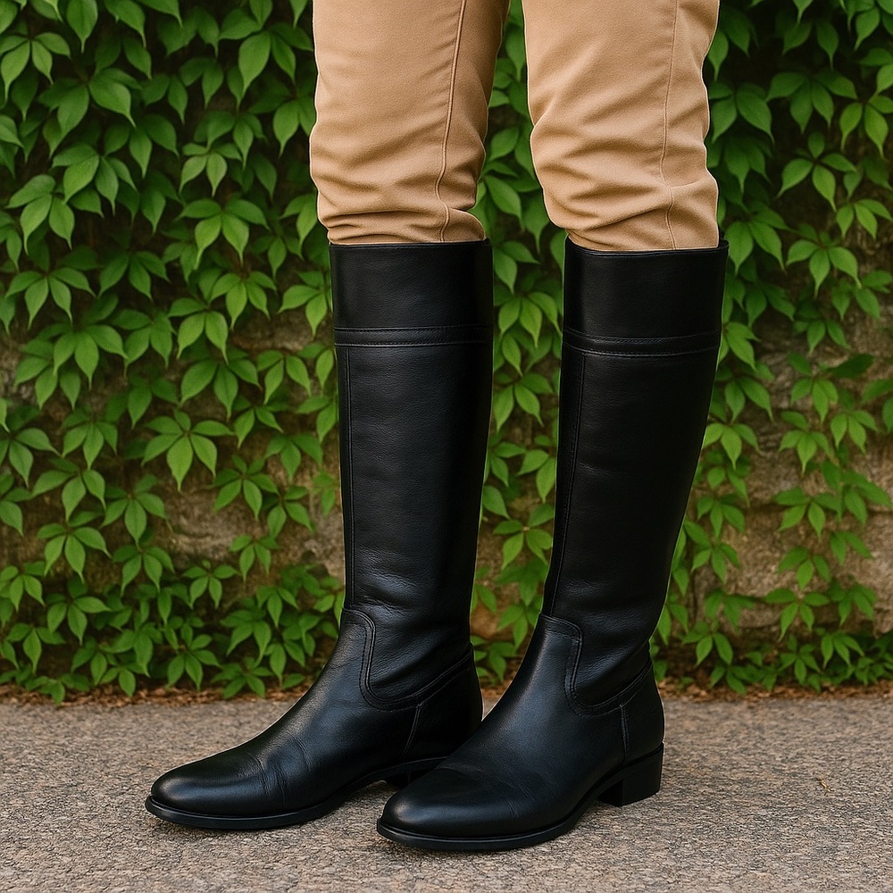 FRYE Melissa Trapunto Black Leather Riding Boots, 7